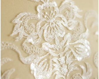 A17-032 // SEQUIN wedding dress appliqué, Flower appliqué, large Lace Flower, IVORY, Illusion Back Lace, flower lace, ornate lace patch