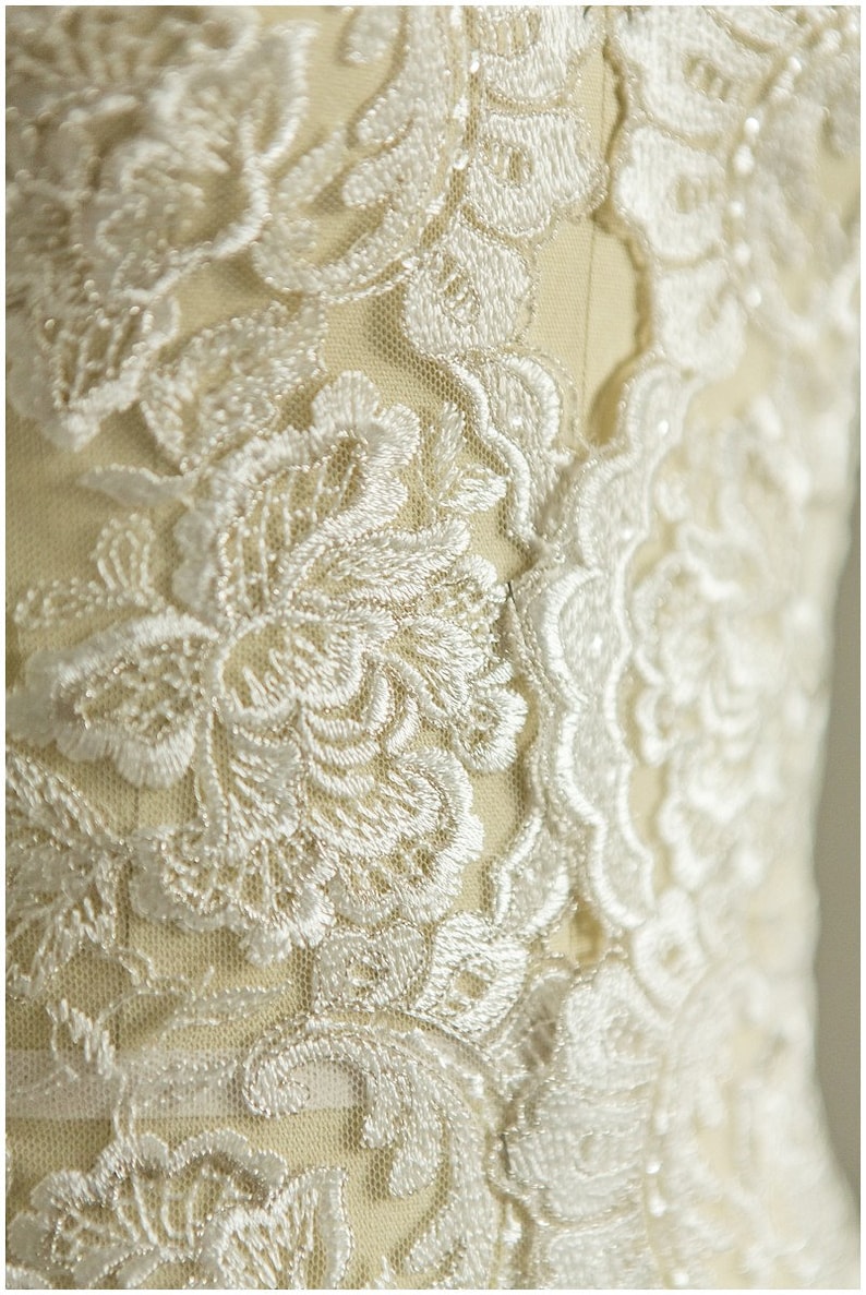 Wedding dress lace trim - Flower Lace Trim lace Applique Pair = 2 yards totall 2x mirrored IVORY SILVER Lace Trim T17-018