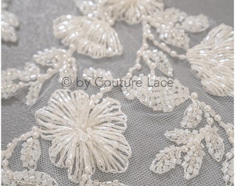 heavy beaded flower applique/ beaded bridal patch/ wedding dress lace appliqué/ bridal leaf patch applique/ A23-329