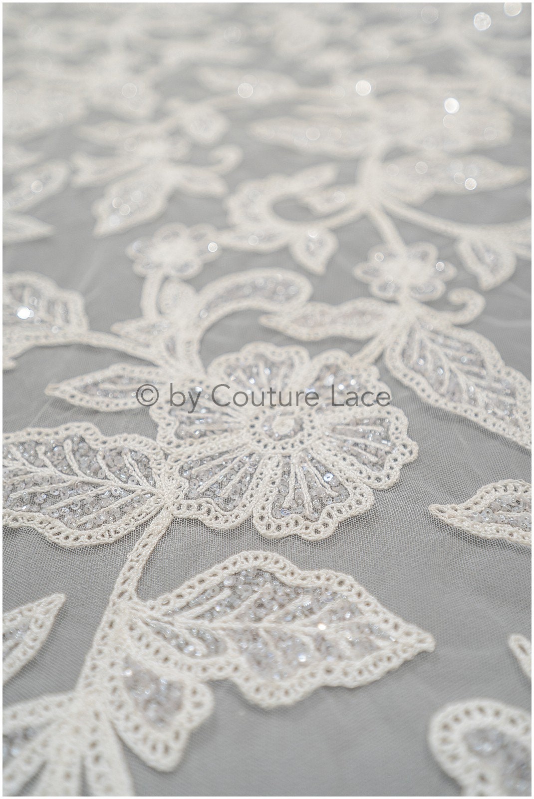 Beaded Floral Ivory Couture Lace Fabric by the Yard - OneYard