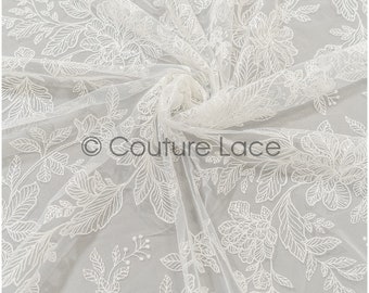 L21-406 // Romantic floral lace fabric for bridal dress, leaf lace, bridal couture lace fabric, floral lace with sequins