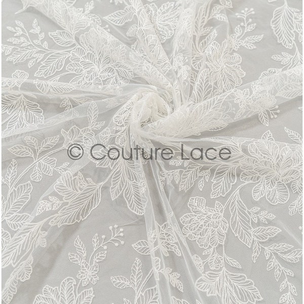 L21-406 // Tissu romantique en dentelle florale pour robe de mariée, dentelle de feuille, tissu de dentelle couture nuptiale, dentelle florale avec paillettes