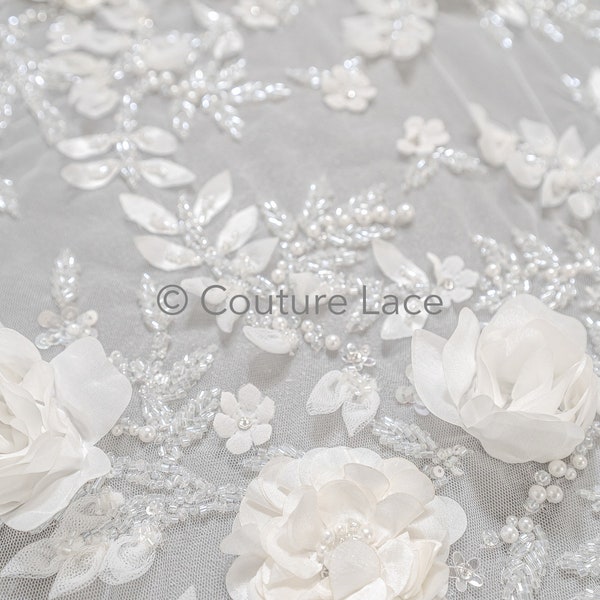 3D Flower lace fabric/ bridal french lace fabric/ romantic floral lace fabric with 3D flowers/ wedding lace fabric// L23-535