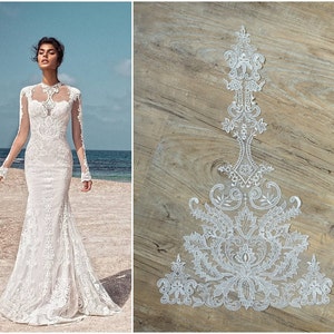 A17-042 // LARGE beaded bridal lace appliqué used for example in Galia Lahav, Wedding dress appliqué, Ornament Lace flower, bridal appliqué image 2