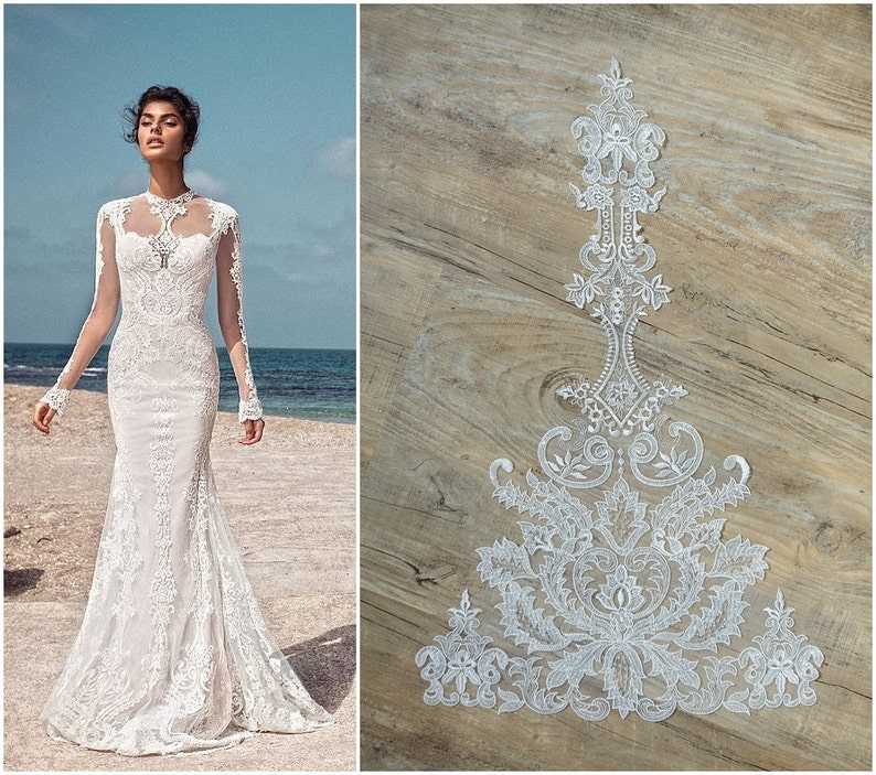 A17-042 // LARGE beaded bridal lace appliqué used for example in Galia Lahav, Wedding dress appliqué, Ornament Lace flower, bridal appliqué image 2