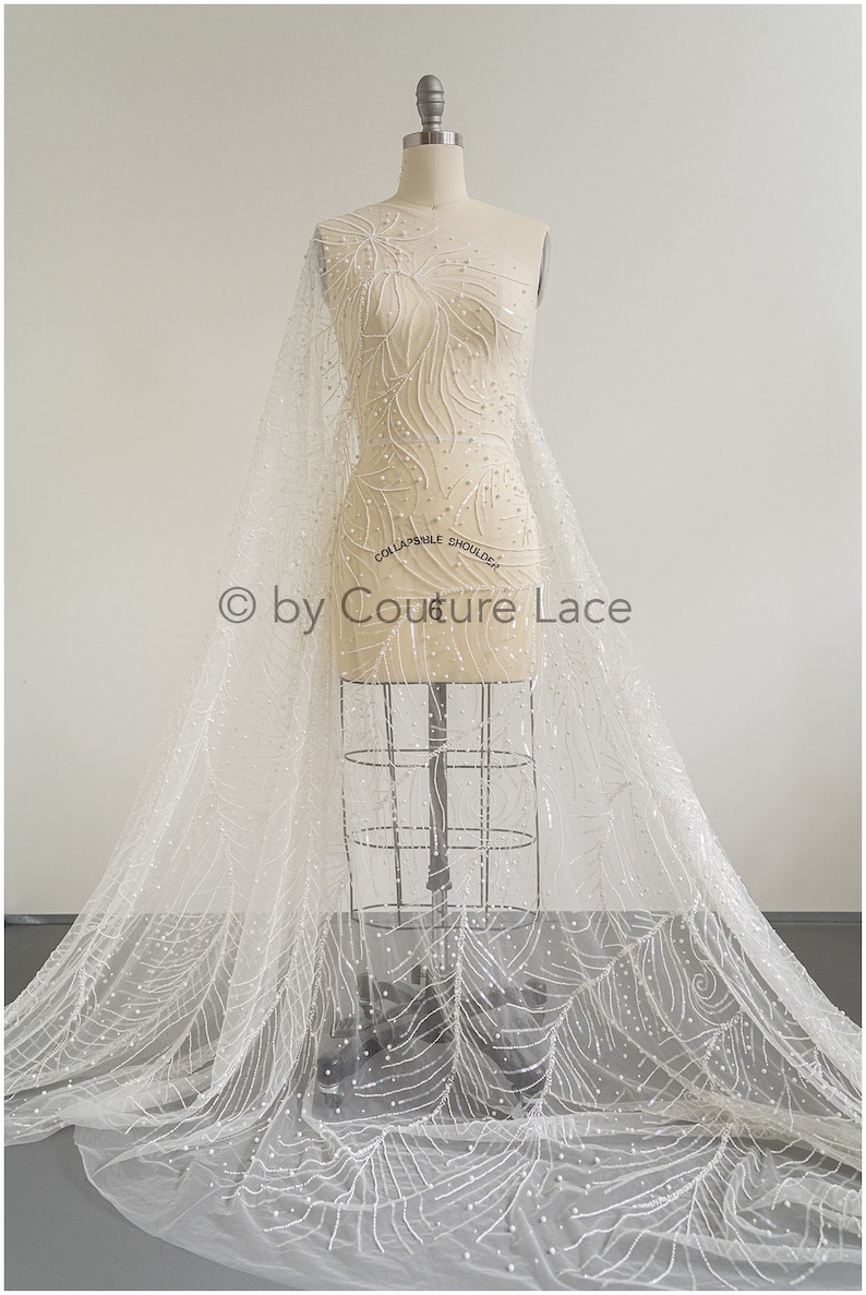 L19-285 Beaded bridal lace fabric Pallas couture weddingdress lace with beads Handbeaded stripe and stars lace fabric for wedding dress