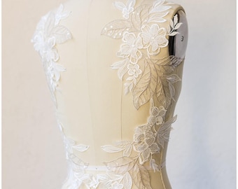 A17-046 // 2 stuks. 3D gespiegelde trouwjurk appliqué, grote kant Applique, Bloem appliqué, grote Kant Bloem, Illusie Back Lace, Kant patch