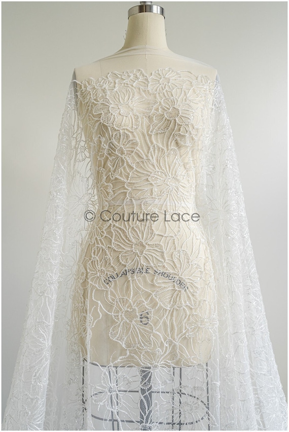 L22-454 // beaded floral lace fabric/ bridal flower couture lace fabric with beads and sequins/ bridal lace with flowers