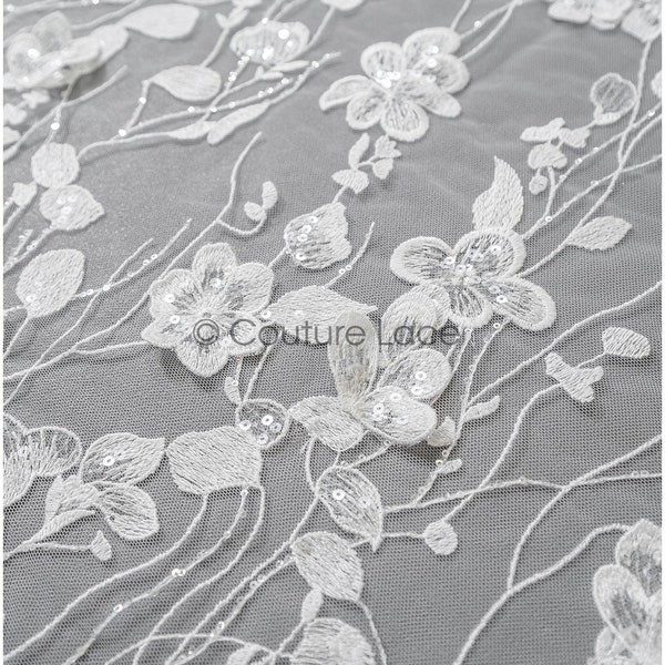 L22-463 // Beau tissu de dentelle de fleurs 3D perlé / tissu de dentelle couture nuptiale / dentelle de broderie 3D / dentelle de mariée 3D avec branches et feuilles