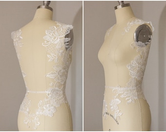 A17-039 // LARGE Flower appliqué,  mirrored SEQUIN wedding dress appliqué, large Lace Flower, Illusion Back Lace, flower lace