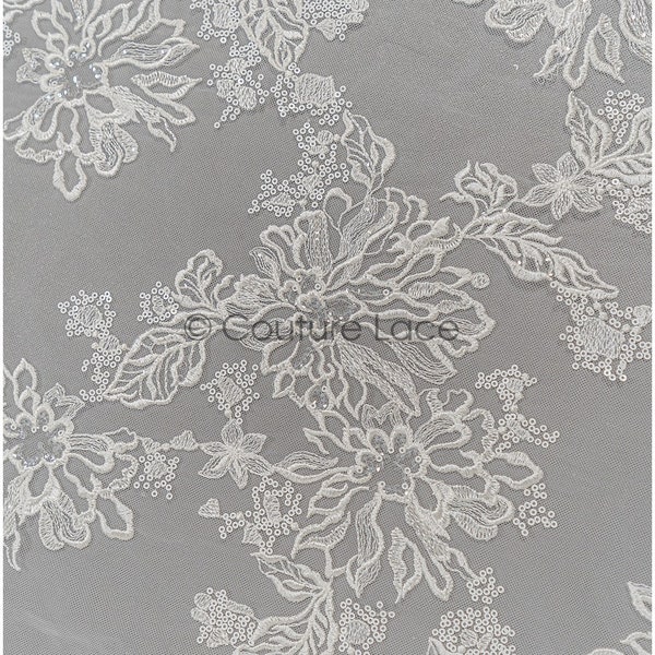 L21-031N // Romantic flower lace fabric, cotton embroidered flower lace, wedding dress lace, big rose lace fabric, bridal lace fabric