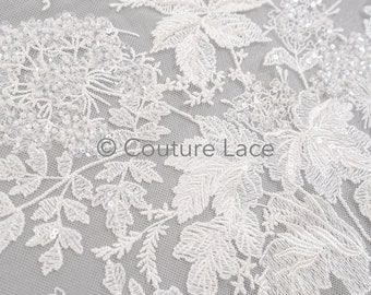 Beaded lace fabric/ bridal french lace fabric/ romantic floral lace fabric with sequins and beads/ wedding lace fabric// L23-592