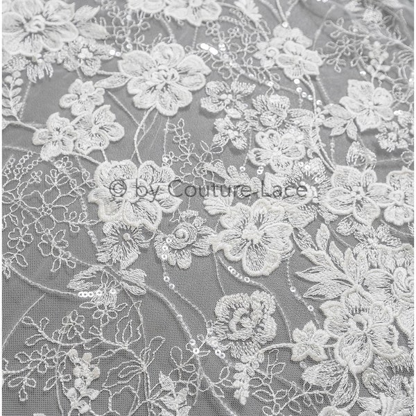 L22-507 // Romantic flower lace fabric, cotton and rayon embroidery flower lace, wedding dress lace, bridal flower lace fabric with sequins