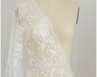 L17-018 // Romantic floral bridal lace fabric, heavy embroidered wedding lace fabric - floral lace design - off-white