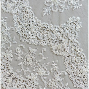 Hand beaded bridal lace fabric with crochet elements/ wedding dress lace fabric with beading// L17-145