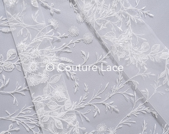 Tejido de encaje con cuentas/tejido de encaje de alta costura en color blanquecino/tejido de encaje para novias/encaje con cuentas de perlas// L24-708