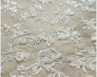 L17-026 // SEQUIN  Wedding lace fabric, Floral lace fabric, bridal lace fabric, Flower lace, Alencon Lace Fabric - off-white