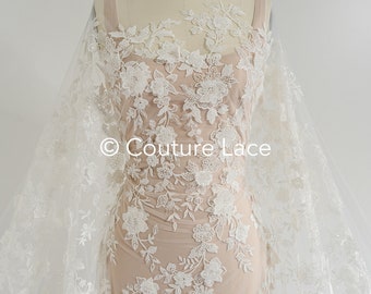 3D Flower lace fabric/ bridal french lace fabric/ romantic floral lace fabric with 3D flowers/ wedding lace fabric// L24-696