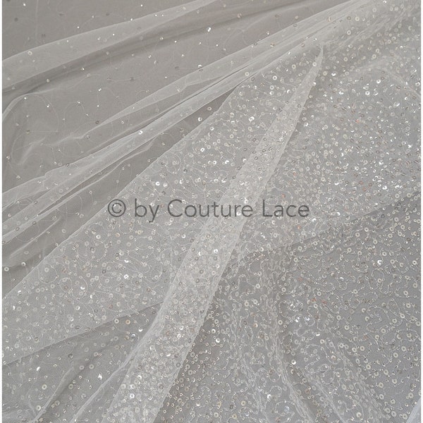 L20-344S // sequin embroidered lace fabric, gradient embroidered sequin lace fabric, bridal lace fabric with sequin embroidery