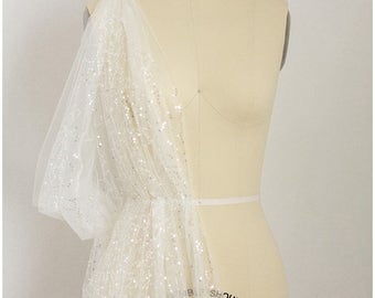 L17-067 // Fine Sequin lace, soft sequin tulle fabric for bridal dresses, Off-White lace sequin mesh with light silver/white sequins