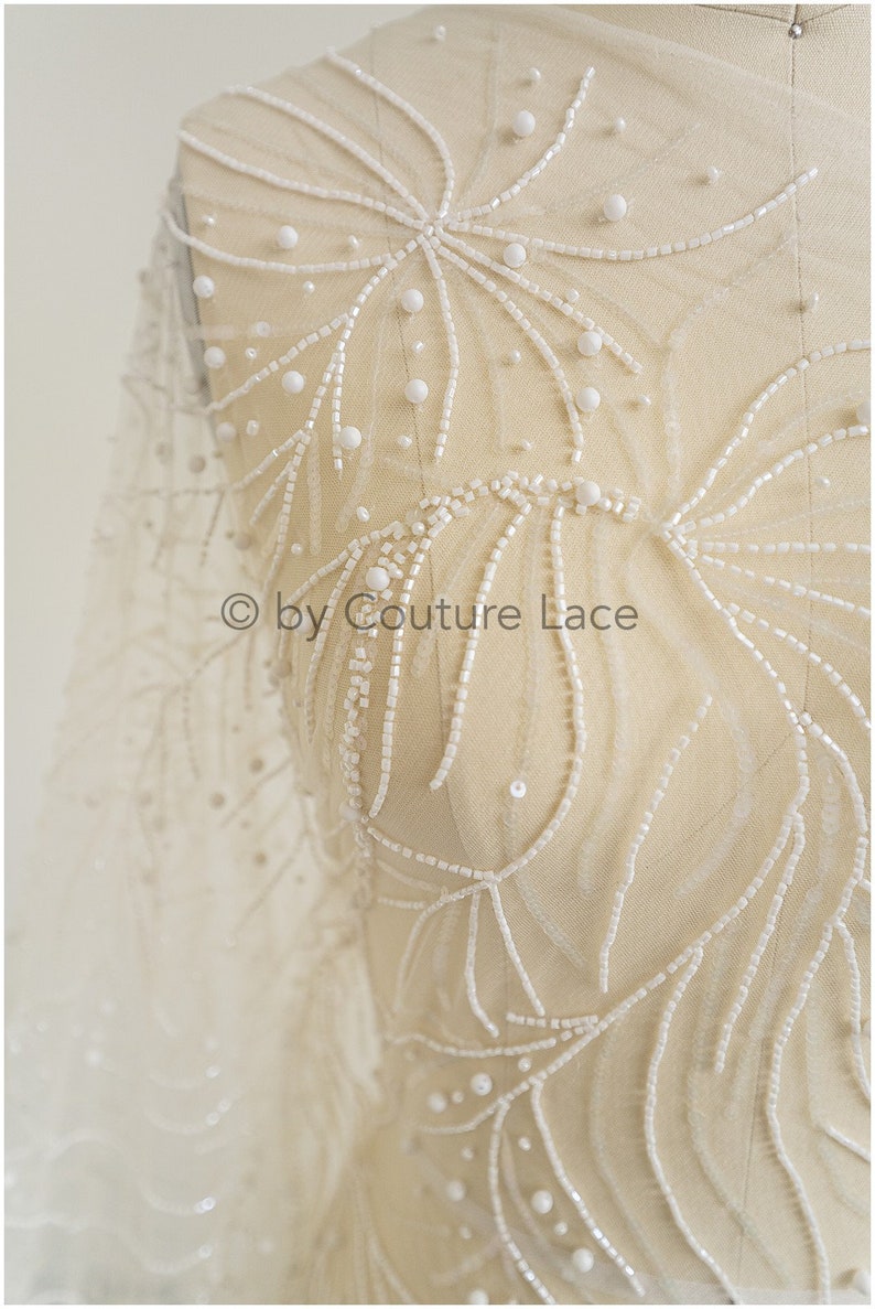 L19-285 Beaded bridal lace fabric Pallas couture weddingdress lace with beads Handbeaded stripe and stars lace fabric for wedding dress