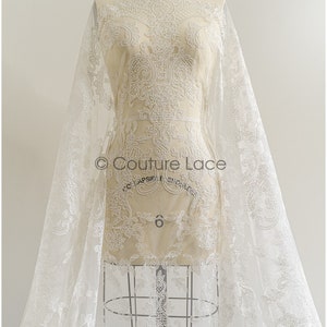 May include: White lace fabric with a delicate floral pattern. The lace is displayed on a dress form and has a sheer, lightweight texture.