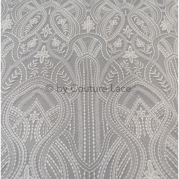 L20-342 // Boho lace fabric, waved lace fabric for bridal dresses, ornate bridal lace fabric with flowers and leafs, dot and lines lace