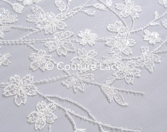 Tejido de encaje con cuentas/tejido de encaje de alta costura blanco/tejido de encaje de novia blanco roto/encaje con cuentas de perlas// L24-679