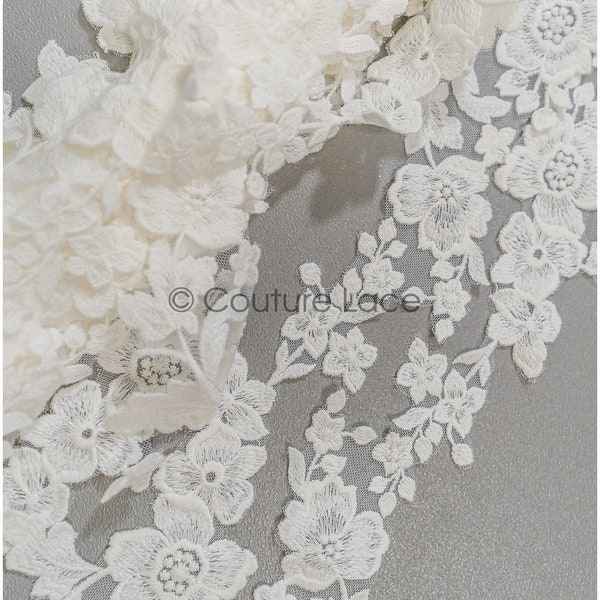 T21-145 //Romantic floral lace trim, Wedding lace trim, Bolero lace, wide embroidered lace trim, elegant bridal lace trim, blossom lace trim