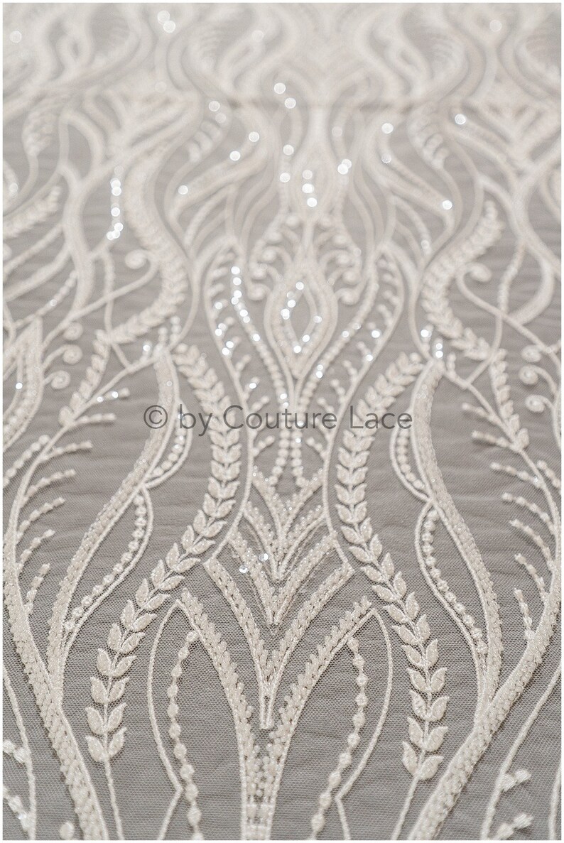 Beaded waved lace fabric Beaded bridal lace fabric wedding Etsy