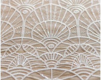 Soft geometric sequin lace, wedding lace fabric, bridal lace, Sequin Lace fabric, Flower lace fabric, wedding dress lace - (L17-048)