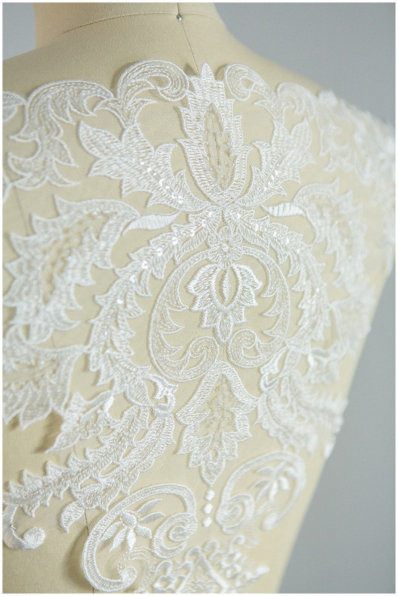 A17-042 // LARGE beaded bridal lace appliqué used for example in Galia Lahav, Wedding dress appliqué, Ornament Lace flower, bridal appliqué image 4