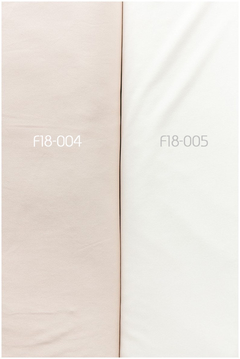 May include: Two fabric swatches side-by-side. The swatch on the left is a light pink color and labeled "F18-004". The swatch on the right is white and labeled "F18-005".