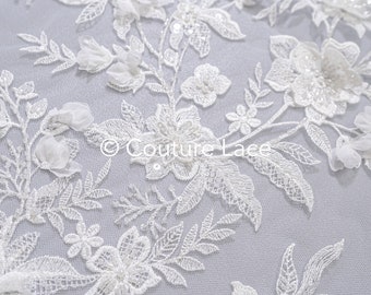 Dentelle à fleurs 3D/ dentelle pour mariée/ dentelle romantique avec fleurs et perles 3D/ dentelle pour mariage// L24-706