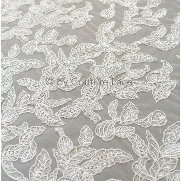 L19-280 //Leaf lace fabric, Sequin leaf pattern lace, bridal french lace fabric, Shiny leafdesign lace, Embroidered lace fabric with sequins