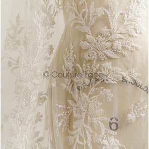 L22-275B // Heavy beaded bridal lace fabric with modern stripe and branch pattern, beaded bridal lace with small branches