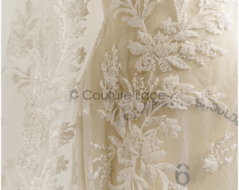 L22-275B // Heavy beaded bridal lace fabric with modern stripe and branch pattern, beaded bridal lace with small branches