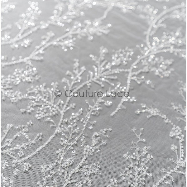 L22-469 // Beautiful beaded lace fabric with small leafs, couture lace fabric with beads and sequins, bridal lace with branches and leafs