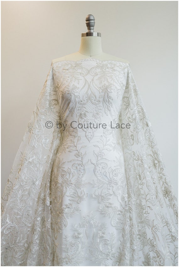 Floral Silver Embroidered Lace Fabric Silver Wedding Dress Etsy