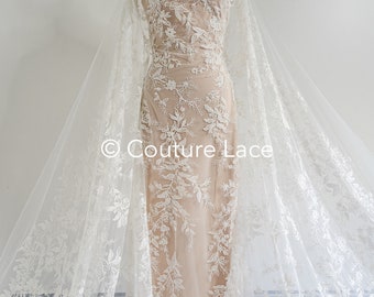 Koronkowa tkanina z koralikami/biała koronkowa tkanina haute couture/biała koronkowa tkanina ślubna/perłowa koronka z koralikami// L24-695