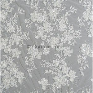 Beaded lace fabric/ white beaded wedding dress lace/ off-white couture lace fabric/ pearl beaded lace// L22-367B