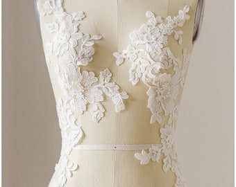 A17-124 // Corded lace patch embroidery, Flower appliqué, Lace Flower, corded wedding dress lace, wedding dress lace appliqué, bridal lace