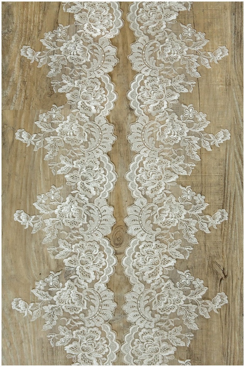 Wedding dress lace trim - Flower Lace Trim lace Applique Pair = 2 yards totall 2x mirrored IVORY SILVER Lace Trim T17-018