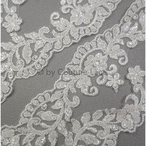 T20-090 // Beautiful beaded floral lace trim, beaded lace trim, Sparkle rhinestone trim, beaded bridal veil lace trim, lace embroidery