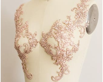 A17-067 // 2x ROSÉ GOLD mirrored lace flower appliqué, Lace flower, Wedding dress lace, lace patch, bridal dress appliqué, gold lace