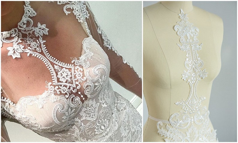 A17-042 // LARGE beaded bridal lace appliqué used for example in Galia Lahav, Wedding dress appliqué, Ornament Lace flower, bridal appliqué image 3