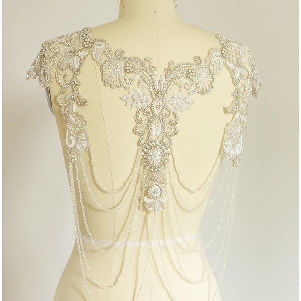 IN STOCK Hanging Stones Neckline- Beaded Illusion Back Patch,Rhinestone Appliqué,Beaded Necklace, Couture Necklace - (E19-021)