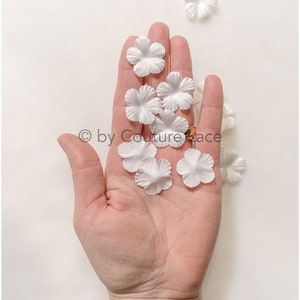 Könnte beinhalten: Eine Hand hält eine Sammlung weißer Stoffblumenblätter. Die Blütenblätter sind weich und zart, mit einer leicht gekräuselten Textur.