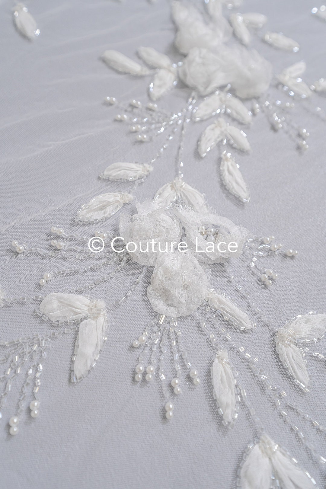 Hand Beaded Lace Fabric/ White Couture Lace Fabric/ Bridal Lace Fabric ...