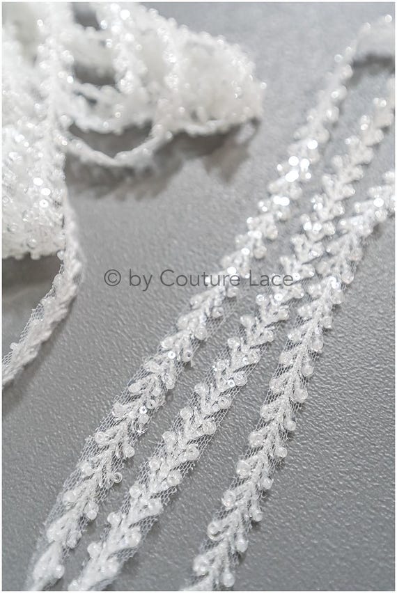 Bridal Lace Trim With Beads Sequins/ Beaded Lace Trim Off-white